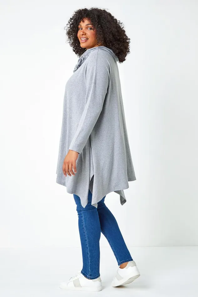 Women Grey Curve Cowl Neck Relaxed Stretch Tunic Top Roman Tops