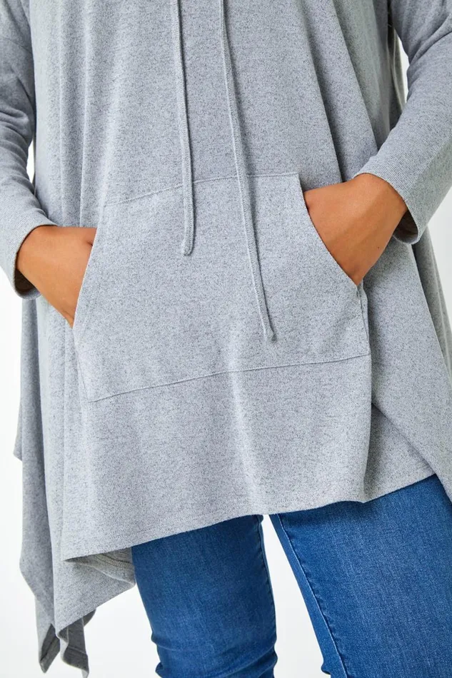 Women Grey Curve Cowl Neck Relaxed Stretch Tunic Top Roman Tops