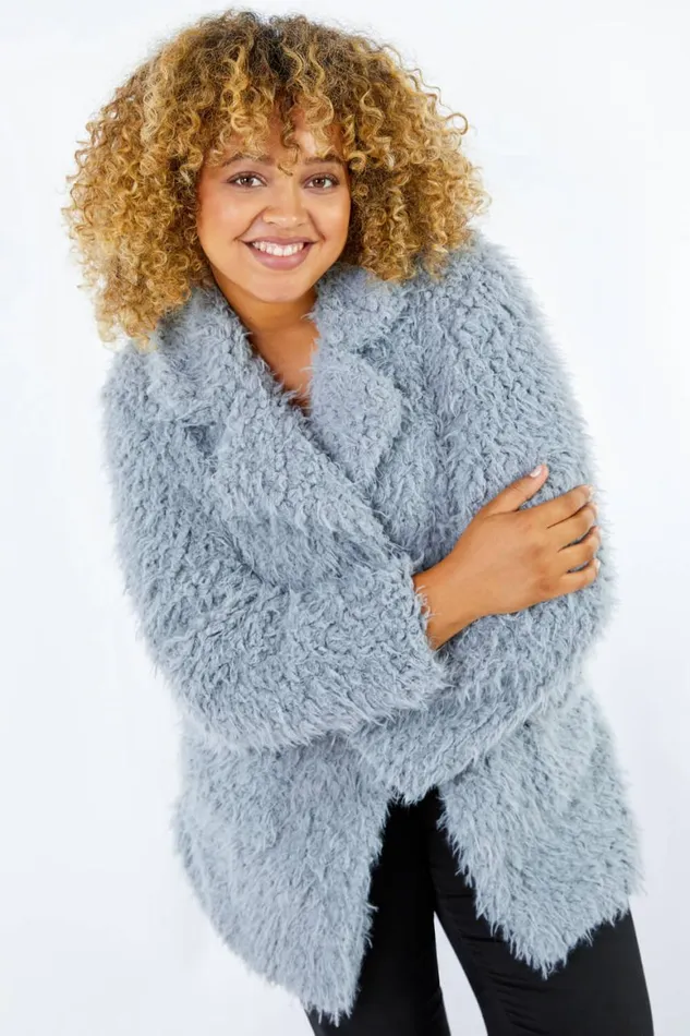 Women Grey Curve Fluffy Textured Coat Roman Coats