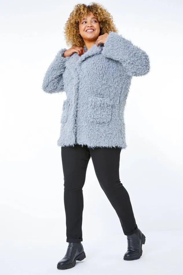 Women Grey Curve Fluffy Textured Coat Roman Coats