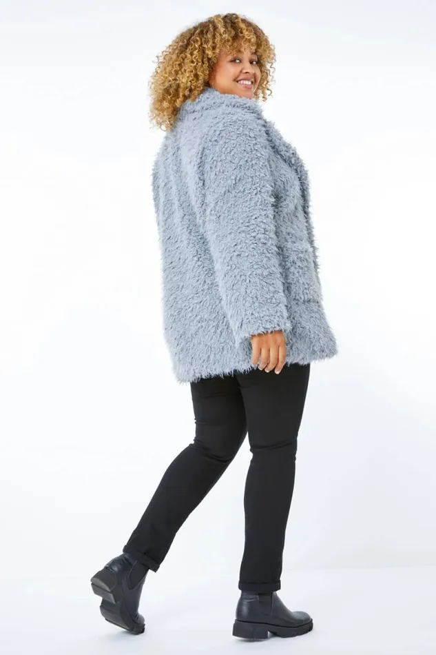 Women Grey Curve Fluffy Textured Coat Roman Coats