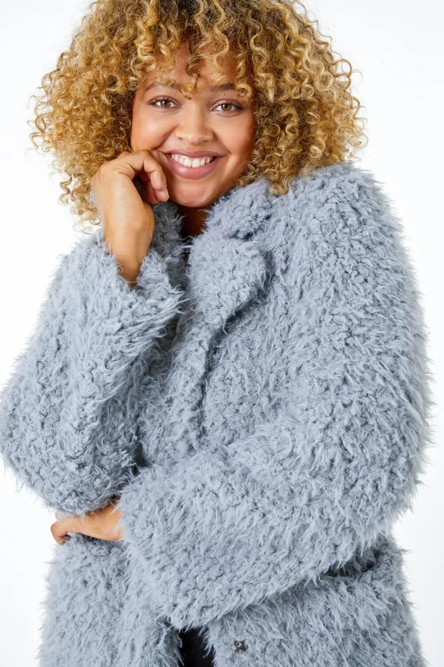 Women Grey Curve Fluffy Textured Coat Roman Coats