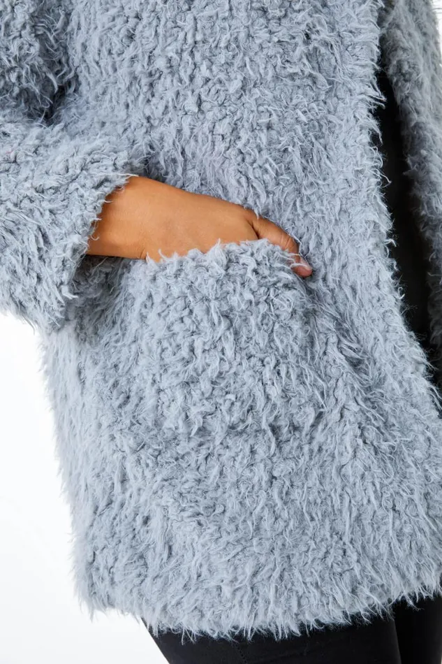Women Grey Curve Fluffy Textured Coat Roman Coats