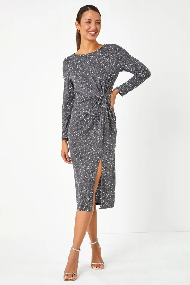 Women Grey Glitter Twist Detail Stretch Dress Roman Dresses