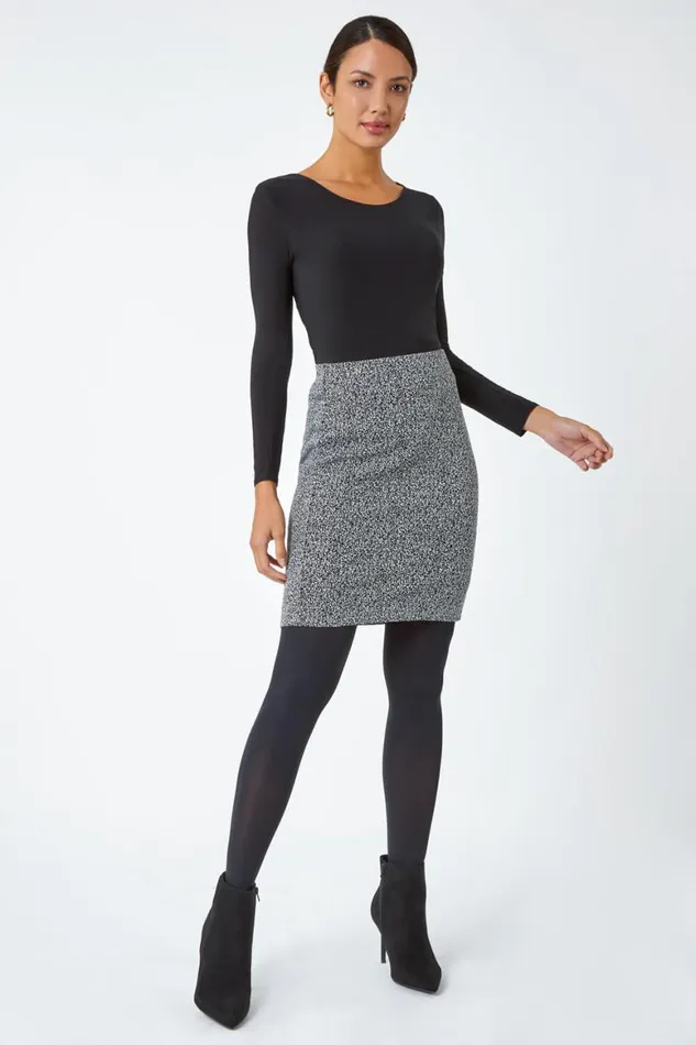 Women Grey Smart Textured Elastic Waist Stretch Skirt Roman Skirts