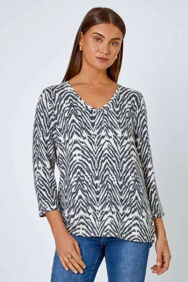 Women Grey Soft Touch Animal VNeck Stretch Top Roman Tops