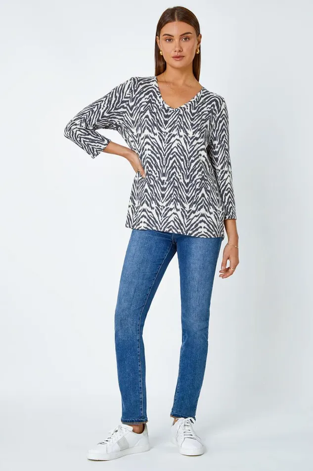 Women Grey Soft Touch Animal VNeck Stretch Top Roman Tops