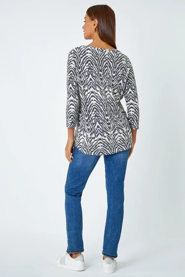 Women Grey Soft Touch Animal VNeck Stretch Top Roman Tops