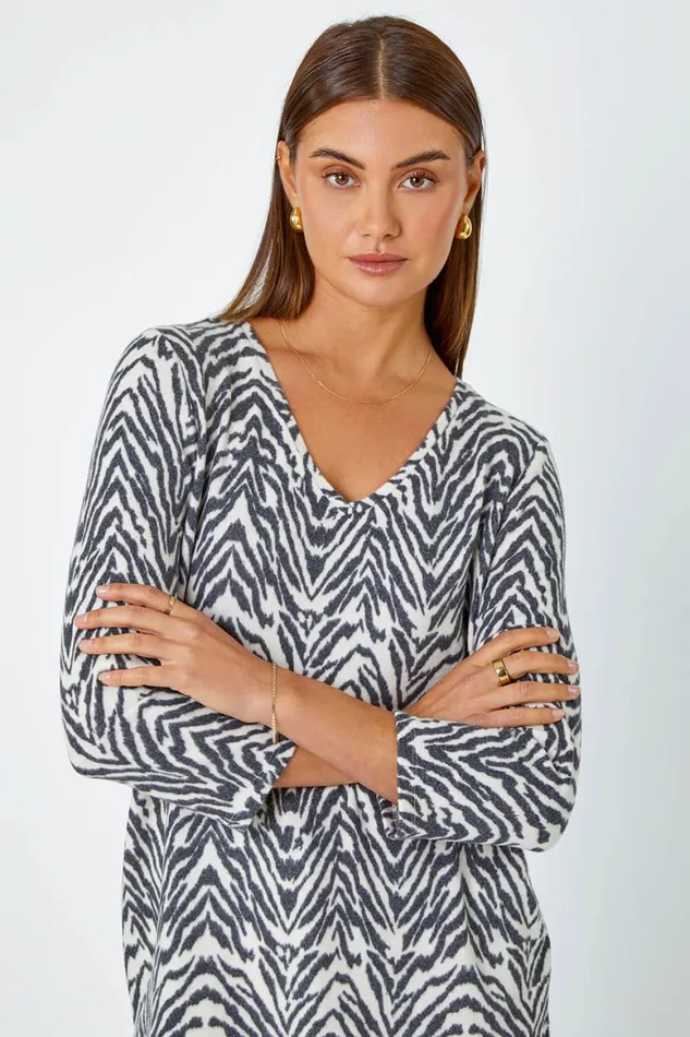 Women Grey Soft Touch Animal VNeck Stretch Top Roman Tops