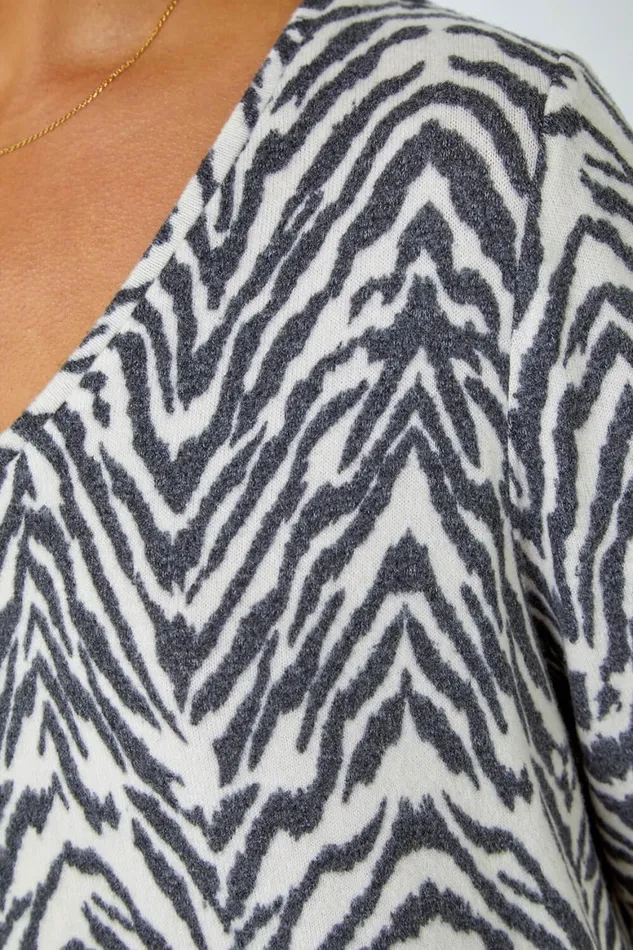 Women Grey Soft Touch Animal VNeck Stretch Top Roman Tops