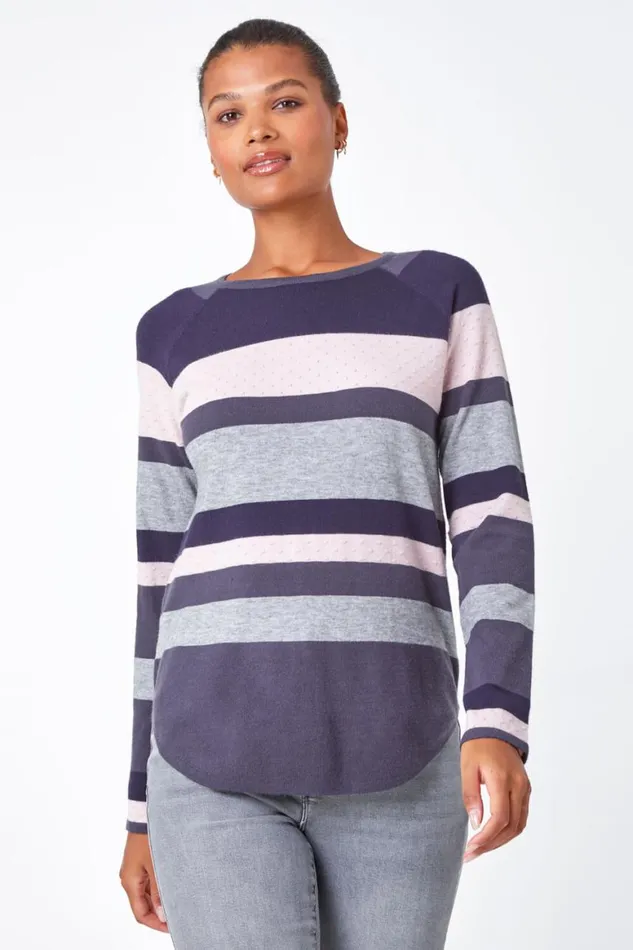 Women Grey Stripe Print Jumper Roman Knitwear