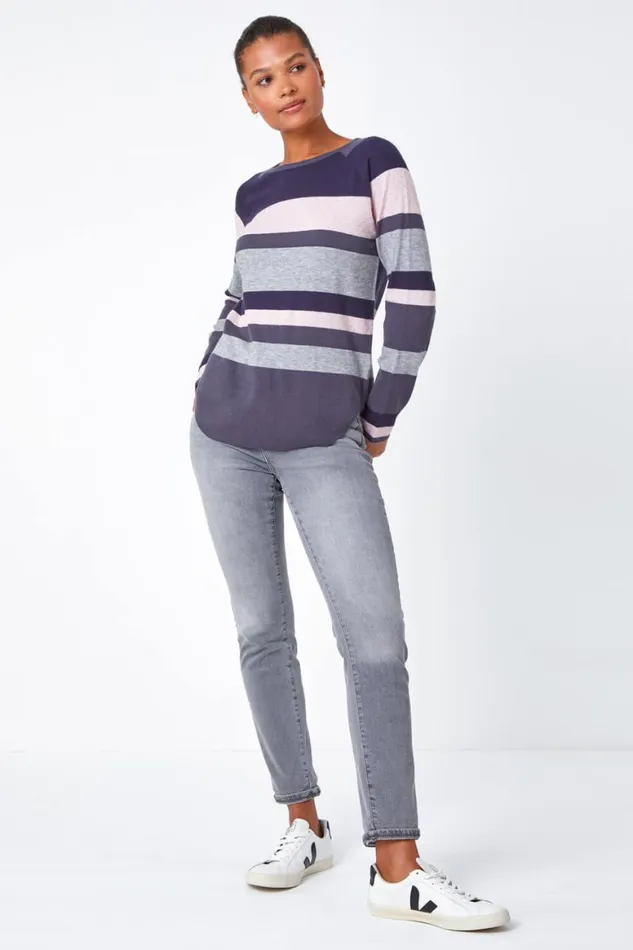 Women Grey Stripe Print Jumper Roman Knitwear