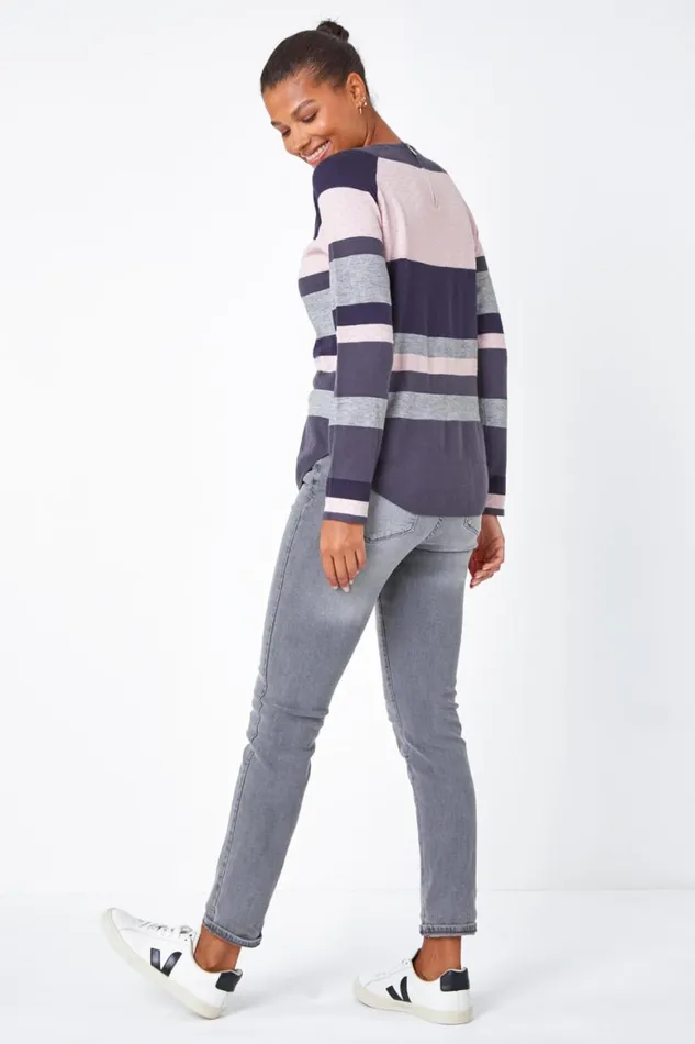 Women Grey Stripe Print Jumper Roman Knitwear