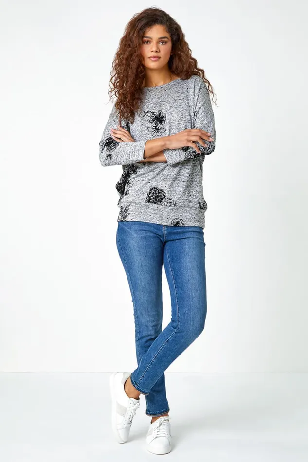 Women Grey Textured Floral Print Stretch Top Roman Tops
