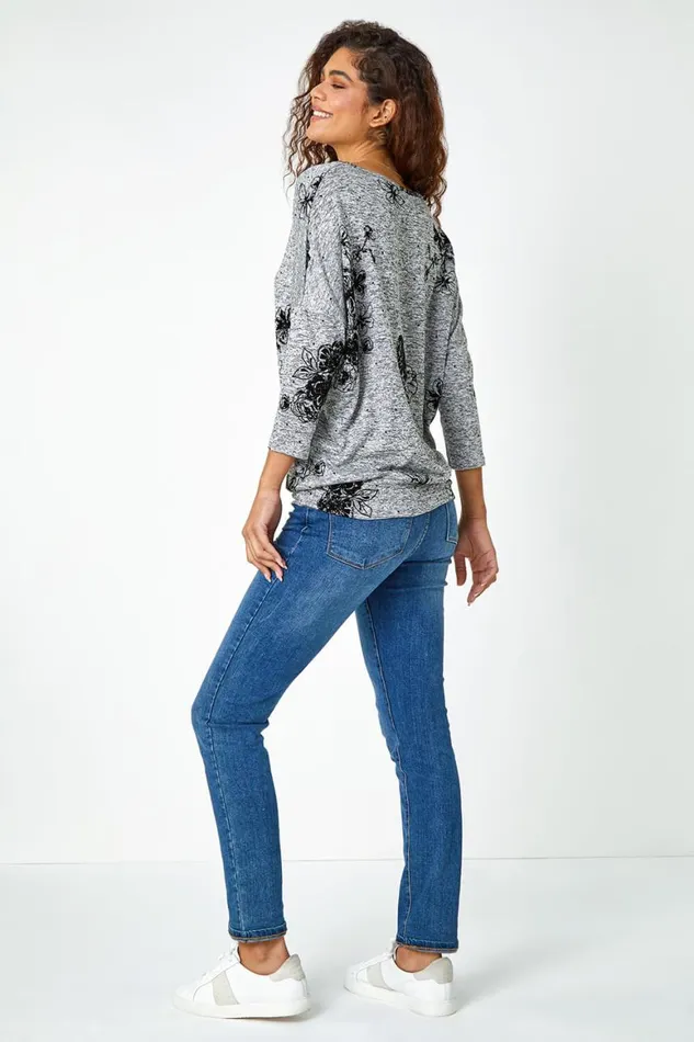 Women Grey Textured Floral Print Stretch Top Roman Tops