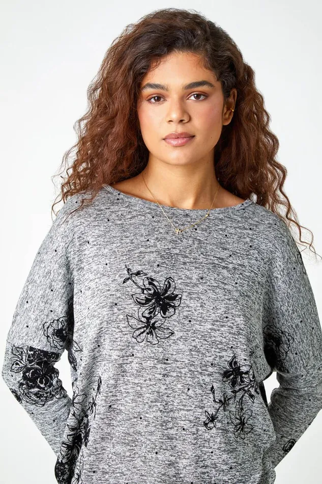 Women Grey Textured Floral Print Stretch Top Roman Tops