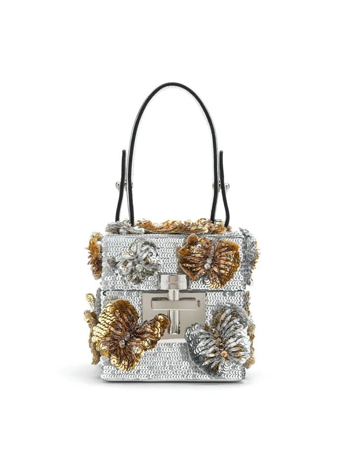 Women Handbags Oscar De La Renta Sequin Embroidered Alibi Cube Silver