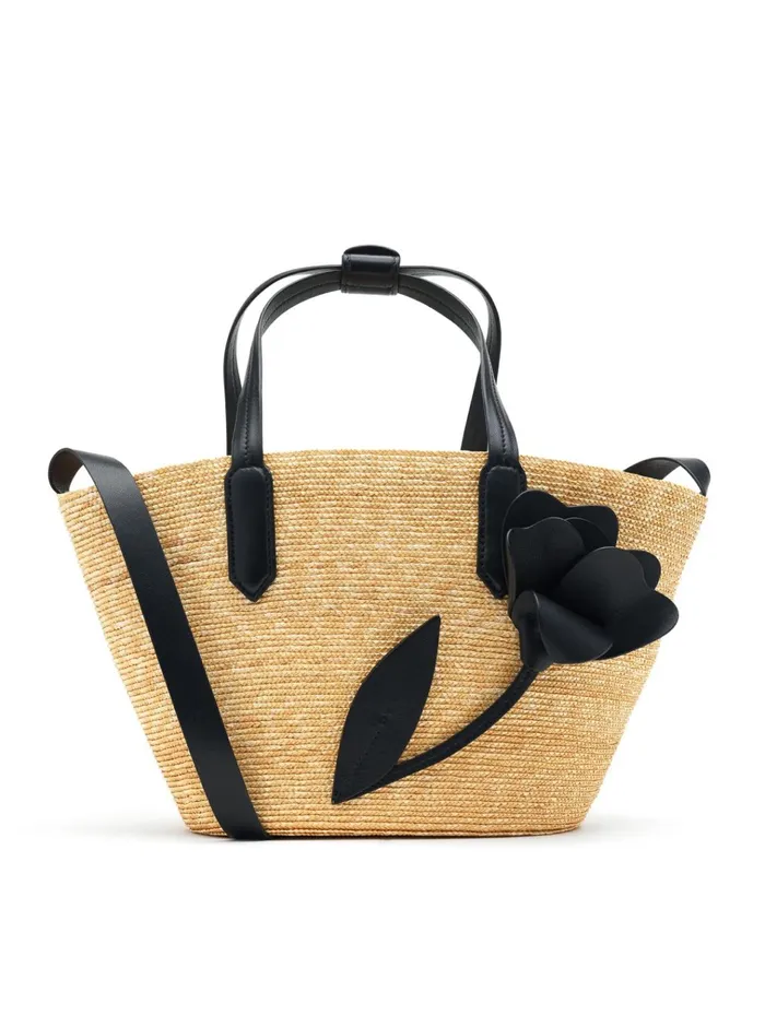 Women Handbags Oscar De La Renta Small Tulip Raffia Tote Black