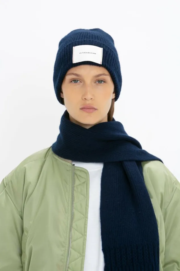 Women Hats and Scarves Victoria Beckham Logo Patch Beanie In Navy