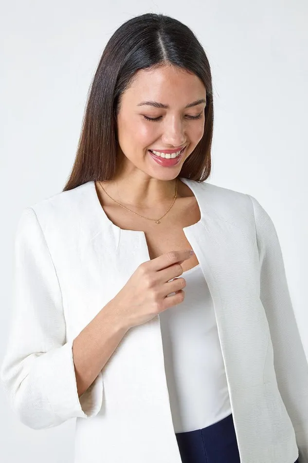 Women Ivory 34 Sleeve Pleated Textured Cropped Jacket Roman Occasionwear