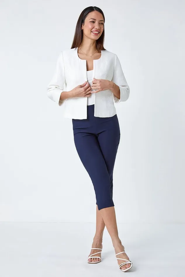 Women Ivory 34 Sleeve Pleated Textured Cropped Jacket Roman Occasionwear