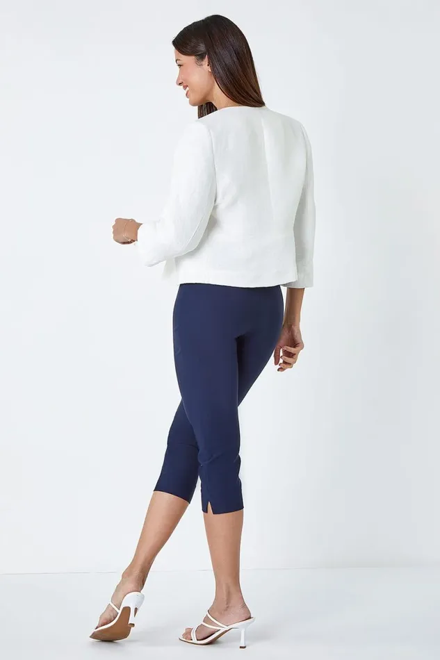Women Ivory 34 Sleeve Pleated Textured Cropped Jacket Roman Occasionwear