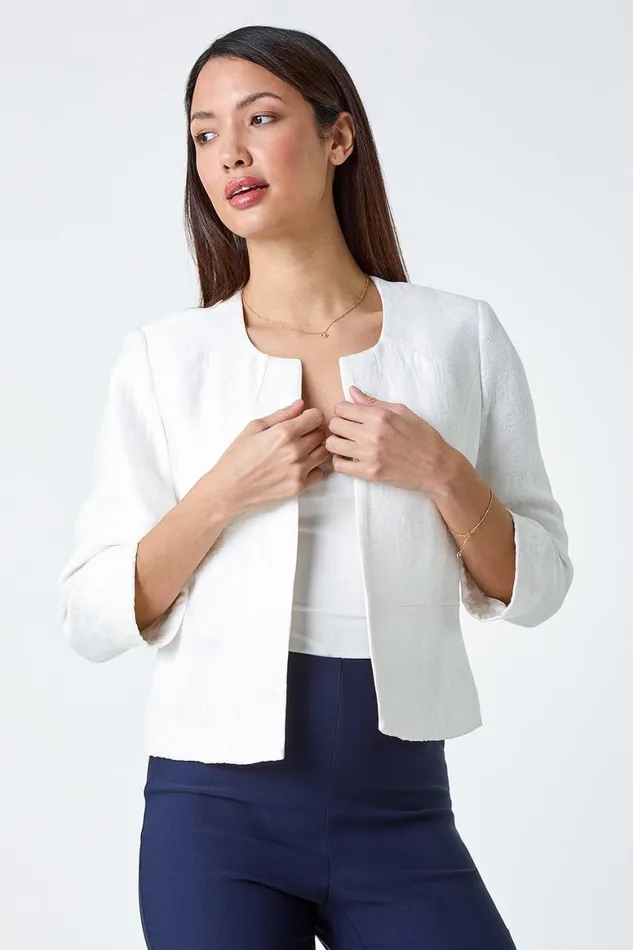 Women Ivory 34 Sleeve Pleated Textured Cropped Jacket Roman Occasionwear