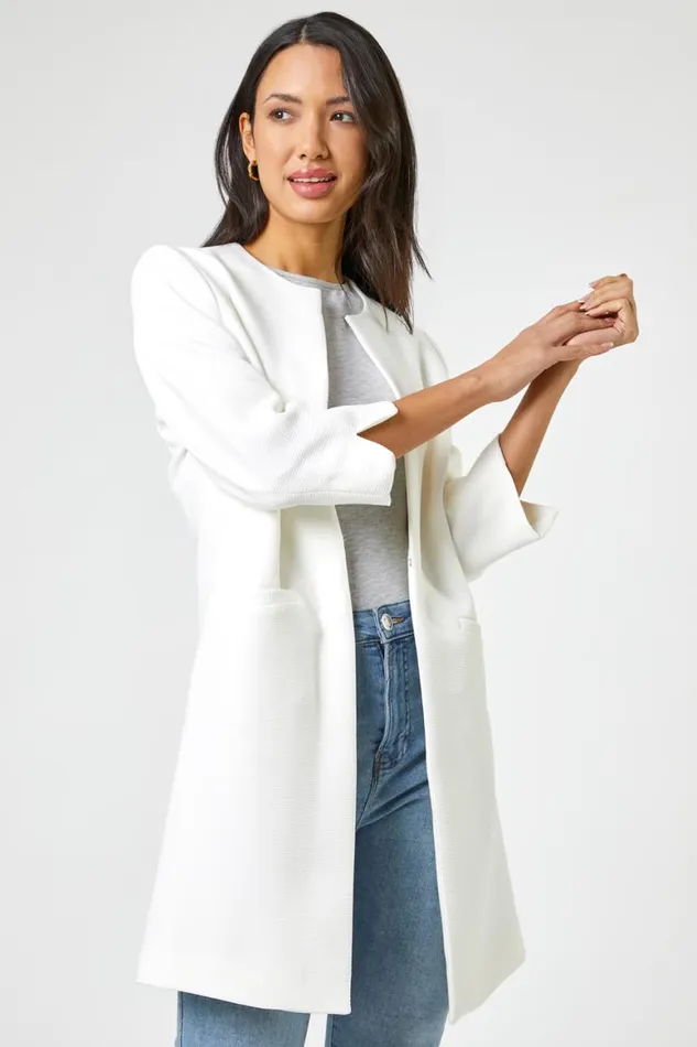 Women Ivory 34 Sleeve Textured Longline Jacket Roman Occasionwear