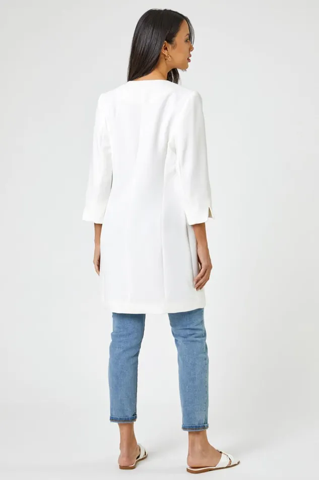 Women Ivory 34 Sleeve Textured Longline Jacket Roman Occasionwear