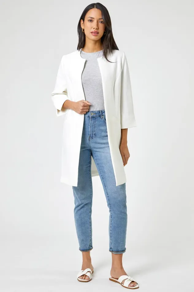 Women Ivory 34 Sleeve Textured Longline Jacket Roman Occasionwear