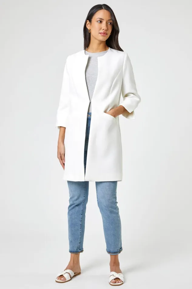 Women Ivory 34 Sleeve Textured Longline Jacket Roman Occasionwear