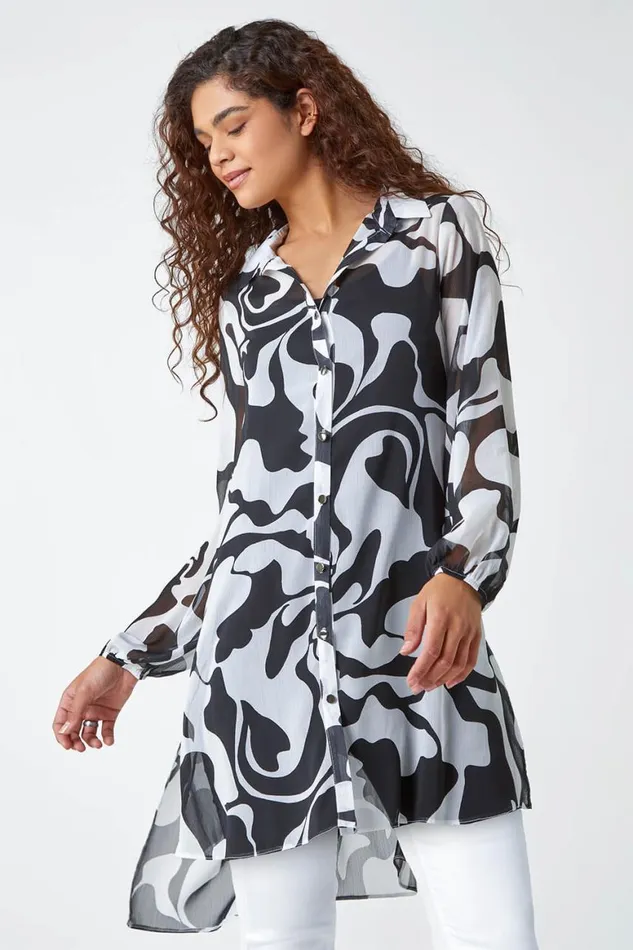 Women Ivory Abstract Print Longline Blouse Roman Tops