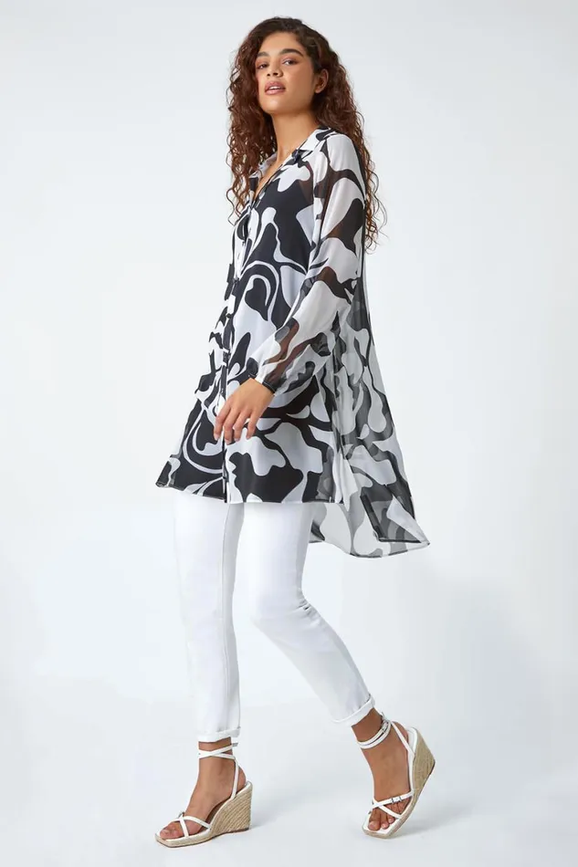 Women Ivory Abstract Print Longline Blouse Roman Tops