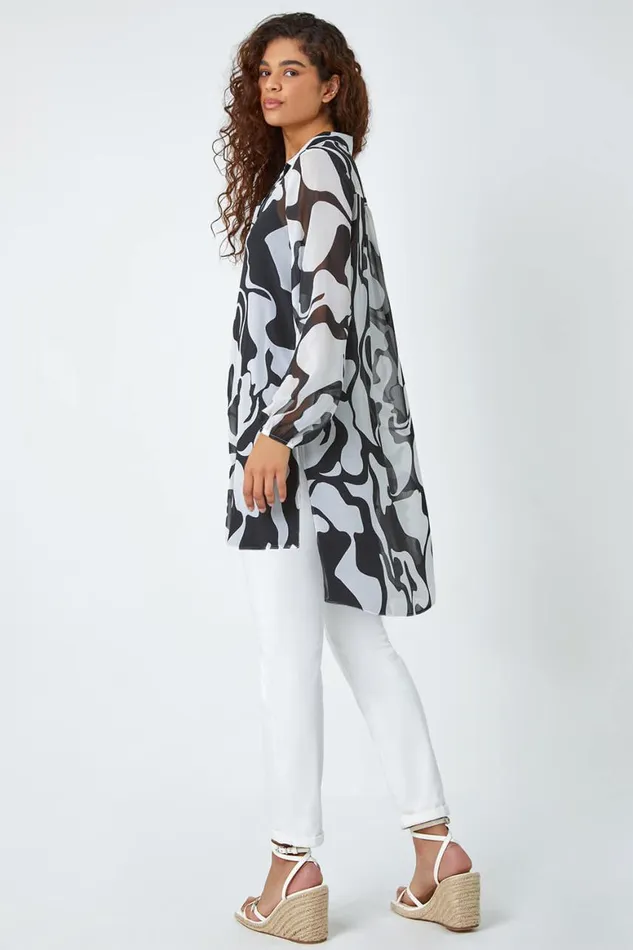 Women Ivory Abstract Print Longline Blouse Roman Tops