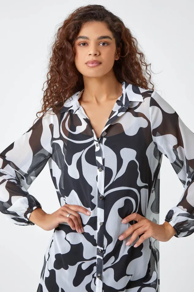 Women Ivory Abstract Print Longline Blouse Roman Tops