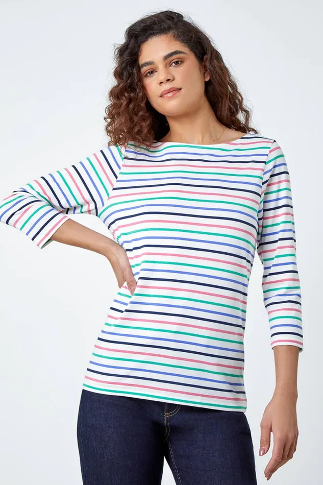 Women Ivory Cotton Stripe Print Top Roman Tops