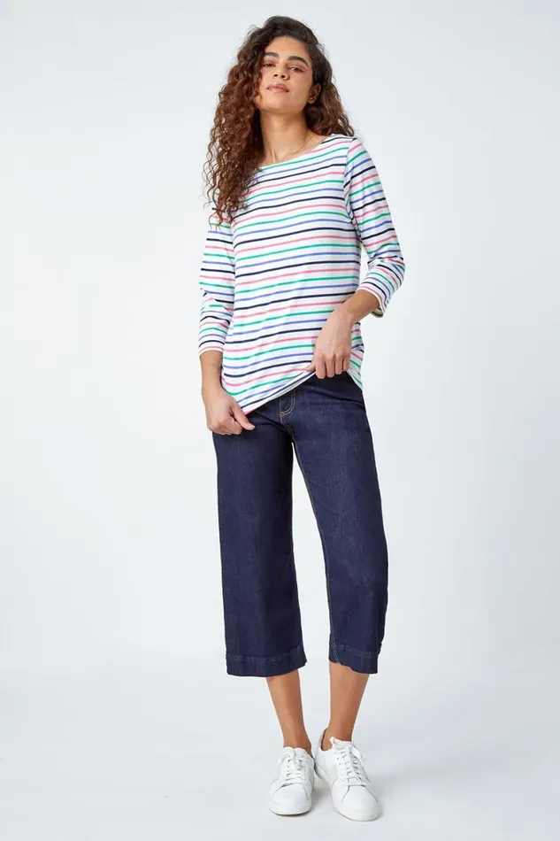 Women Ivory Cotton Stripe Print Top Roman Tops