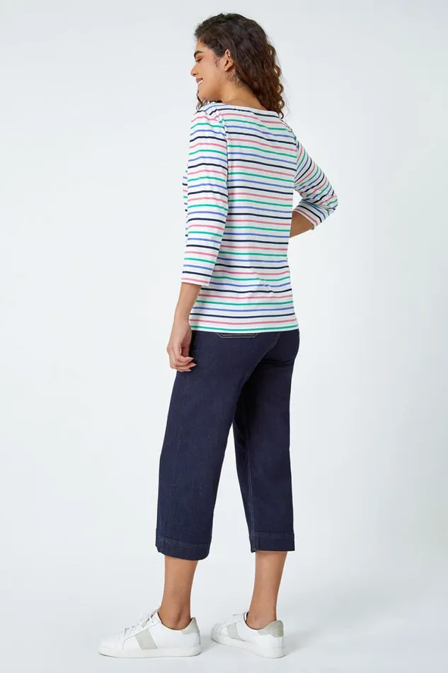 Women Ivory Cotton Stripe Print Top Roman Tops