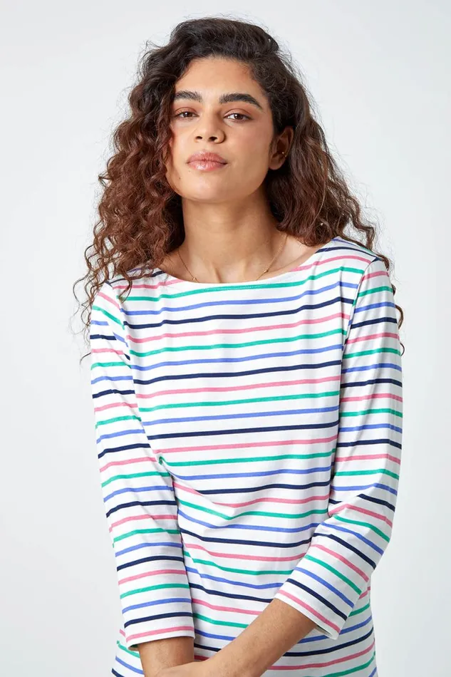 Women Ivory Cotton Stripe Print Top Roman Tops