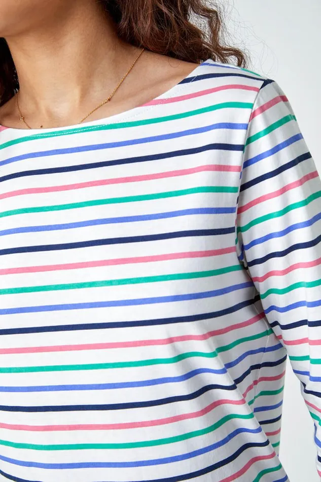 Women Ivory Cotton Stripe Print Top Roman Tops