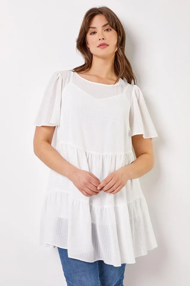 Women Ivory Curve Check Texture Tiered Tunic Top Roman Tops