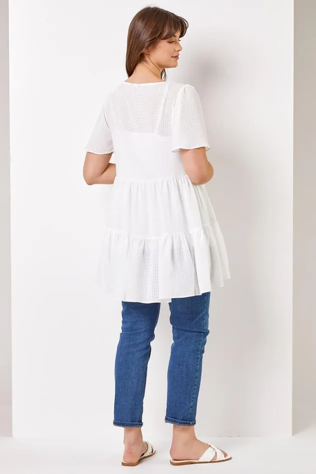 Women Ivory Curve Check Texture Tiered Tunic Top Roman Tops