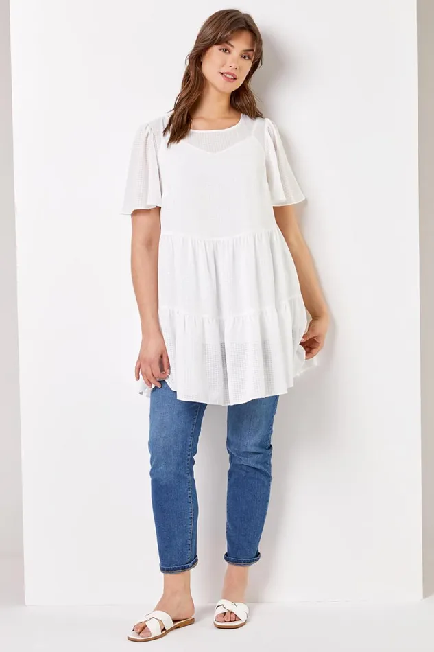 Women Ivory Curve Check Texture Tiered Tunic Top Roman Tops