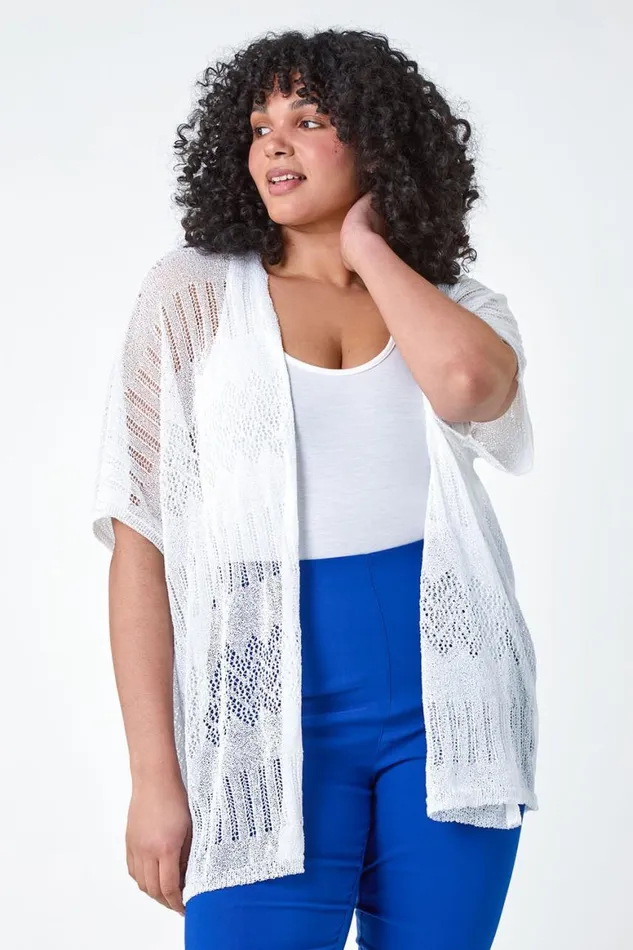 Women Ivory Curve Pointelle Knit Stretch Cardigan Roman Knitwear
