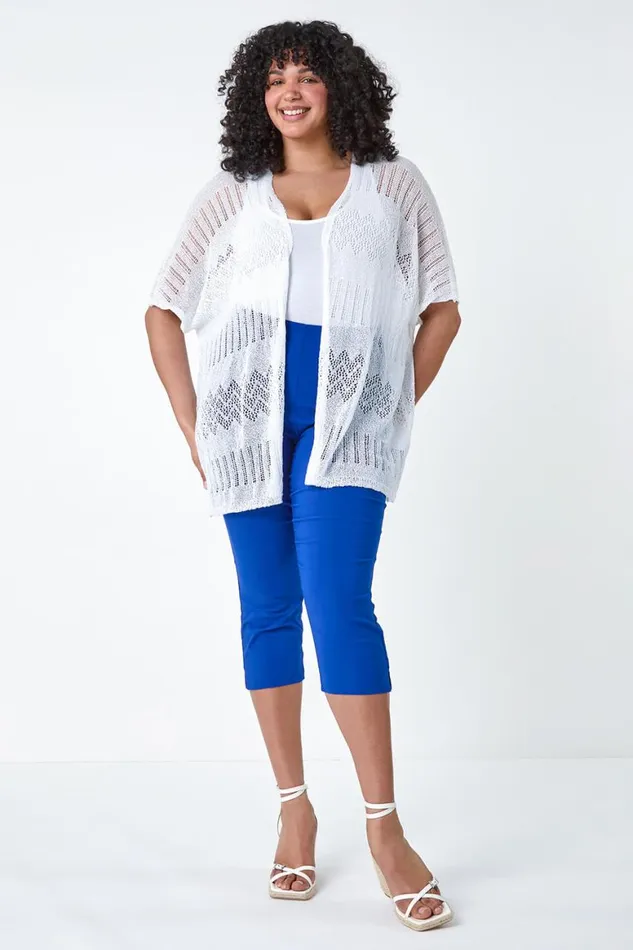 Women Ivory Curve Pointelle Knit Stretch Cardigan Roman Knitwear