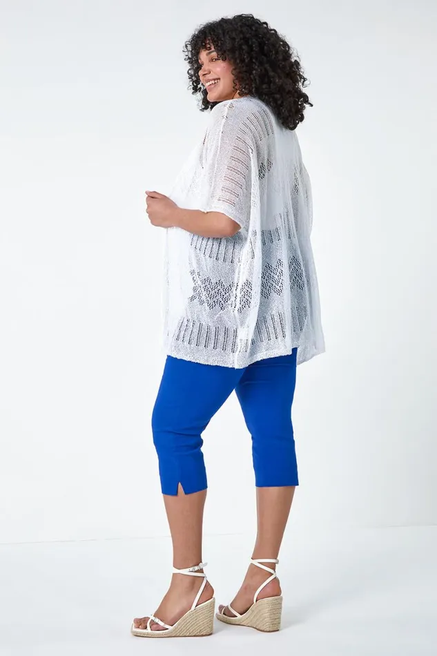 Women Ivory Curve Pointelle Knit Stretch Cardigan Roman Knitwear