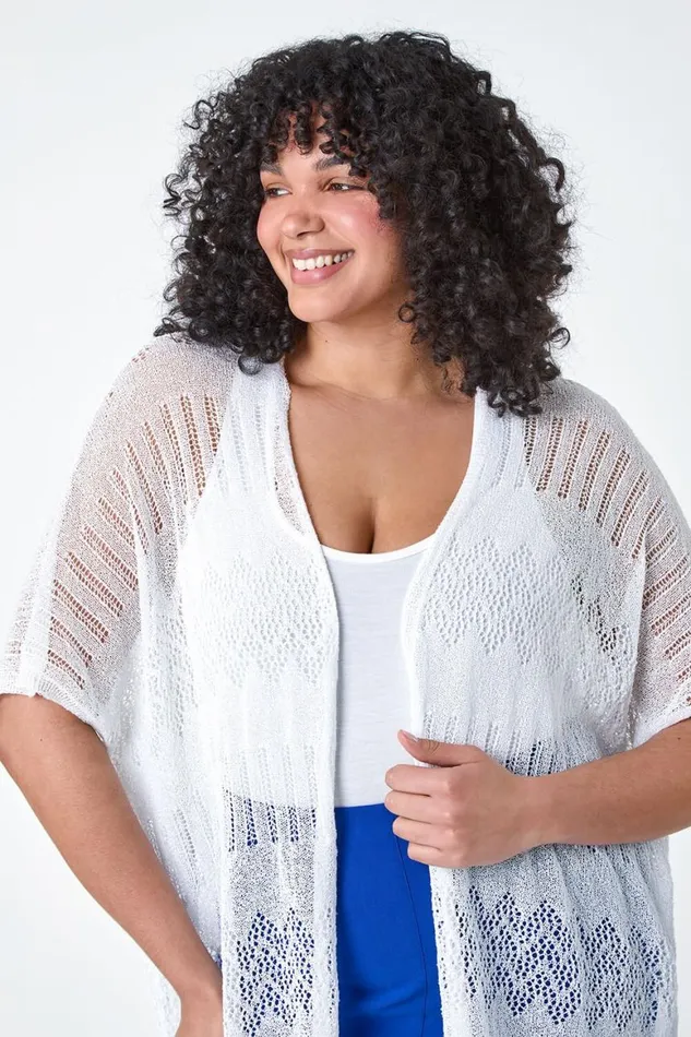 Women Ivory Curve Pointelle Knit Stretch Cardigan Roman Knitwear