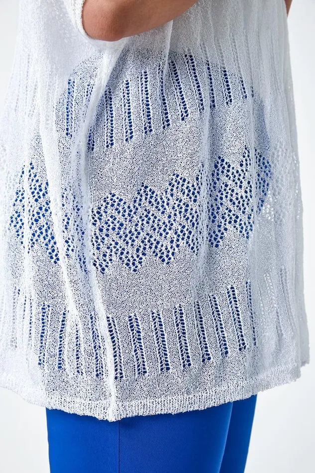 Women Ivory Curve Pointelle Knit Stretch Cardigan Roman Knitwear