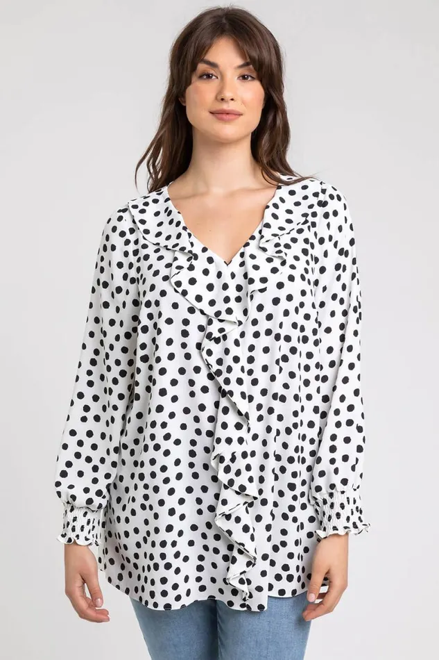 Women Ivory Curve Spot Print Frill Detail Top Roman Tops
