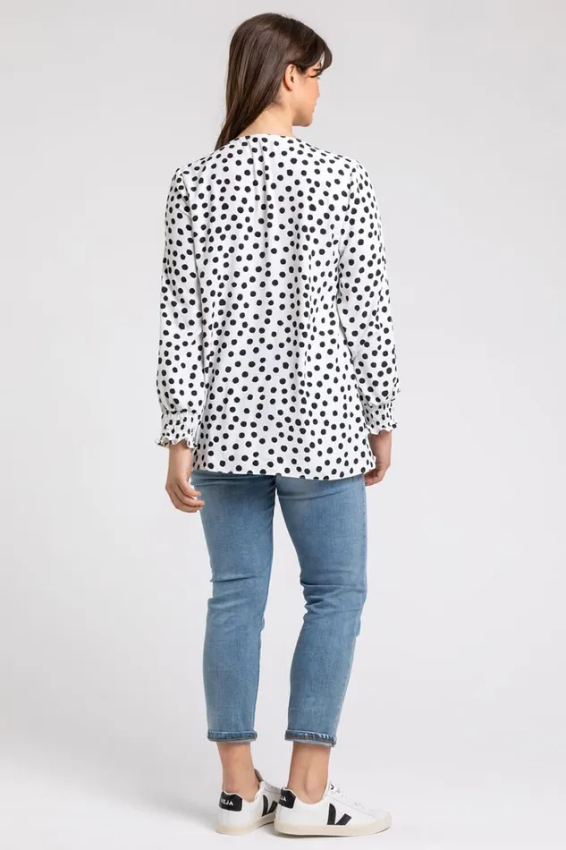 Women Ivory Curve Spot Print Frill Detail Top Roman Tops